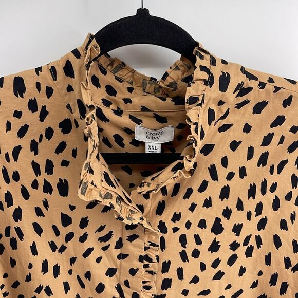 NWT Crown & Ivy leopard print long sleeve ruffle long sleeve button up shirt XXL - Picture 2 of 6